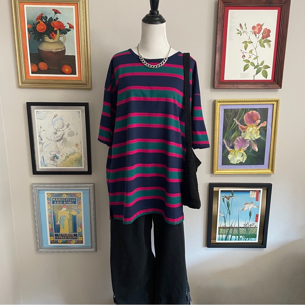 Vintage NWT Women’s Striped Short-Sleeve Tee in Navy, Green & Magenta